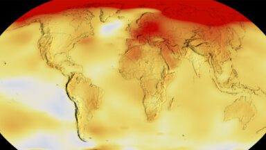 An image of the globe, with much of it colored red or orange to indicate high temperatures.