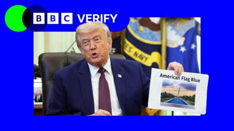 President Trump in the Oval Office holding up a piece of paper with a image showing the renovated reflecting pool