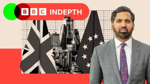 A montage image showing Faisal Islam to the right hand side, behind is an image of an EU and British flag and behind that of London skyline buildings 