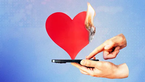 Artwork of a man looking to the right, with several hands holding up smartphones with Xs and hearts over them (Credit: Serenity Strull/ BBC/ Getty Images)