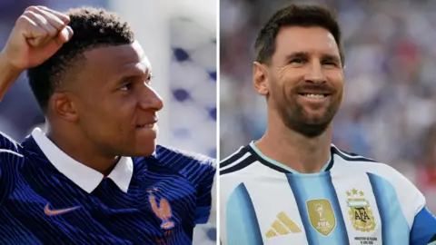 A split image of France striker Kylian Mbappe and Argentina's Lionel Messi celebrating scoring goals at the 2026 World Cup