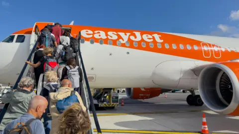 Passengers walking up a set of stairs to board an EasyJet plane
