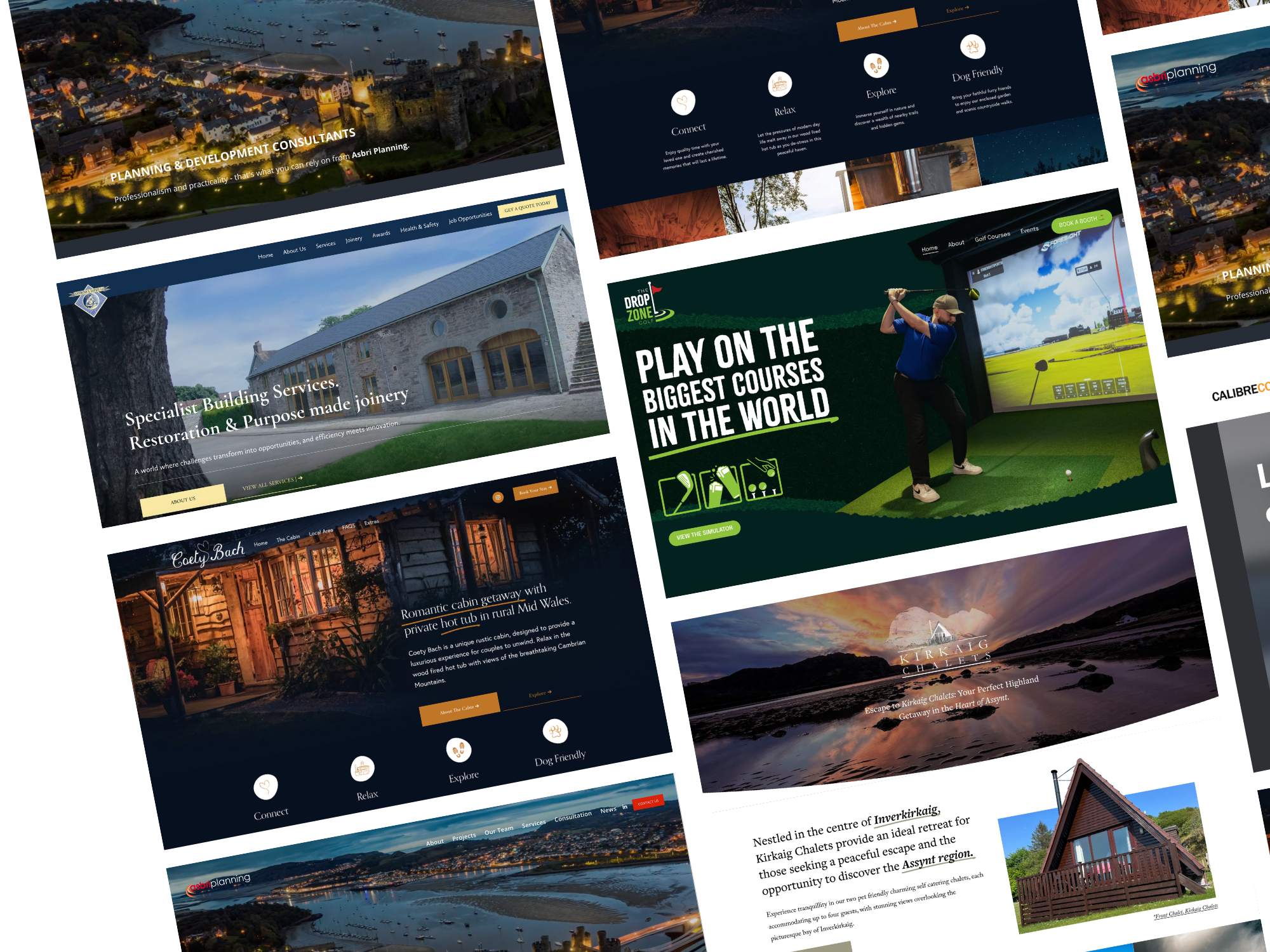 Collage of various website homepage designs for different services including construction, golf, cabins, and tourism with images of landscapes, residential buildings, and activities.