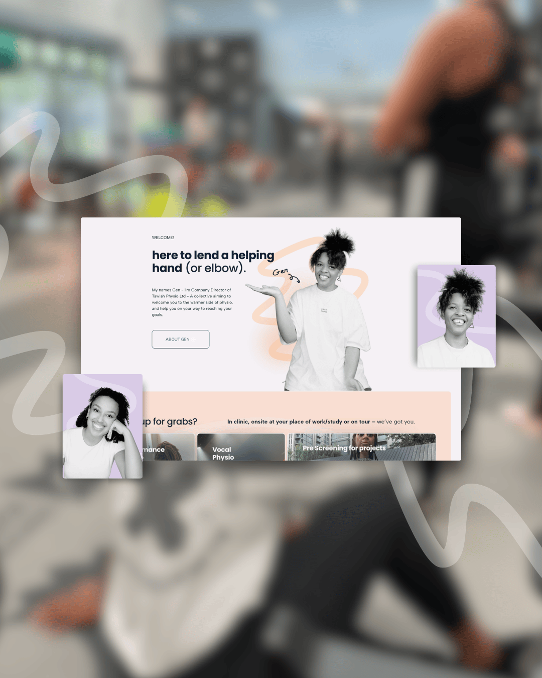 A website homepage for a physiotherapy clinic featuring a smiling woman with curly hair, with two black-and-white portrait photos of the same woman and cheerful playful design elements.