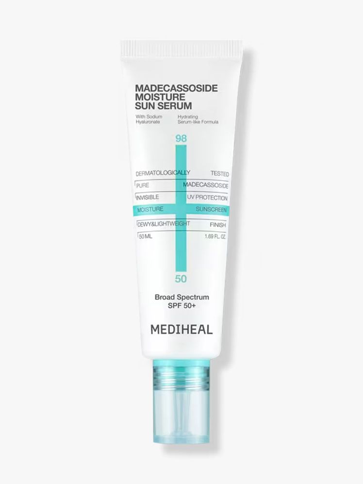 White tube of Mediheal Madecassoside Moisture Sun Serum SPF 50+ on light gray background with blue cap