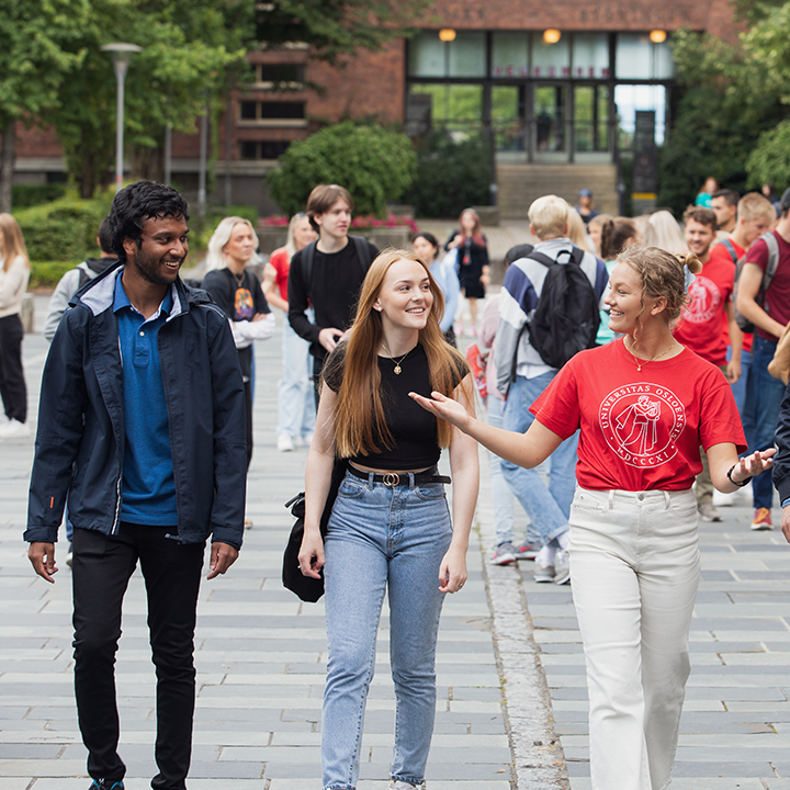 Tre studenter går mot kamera på Blindern campus. Bilde.