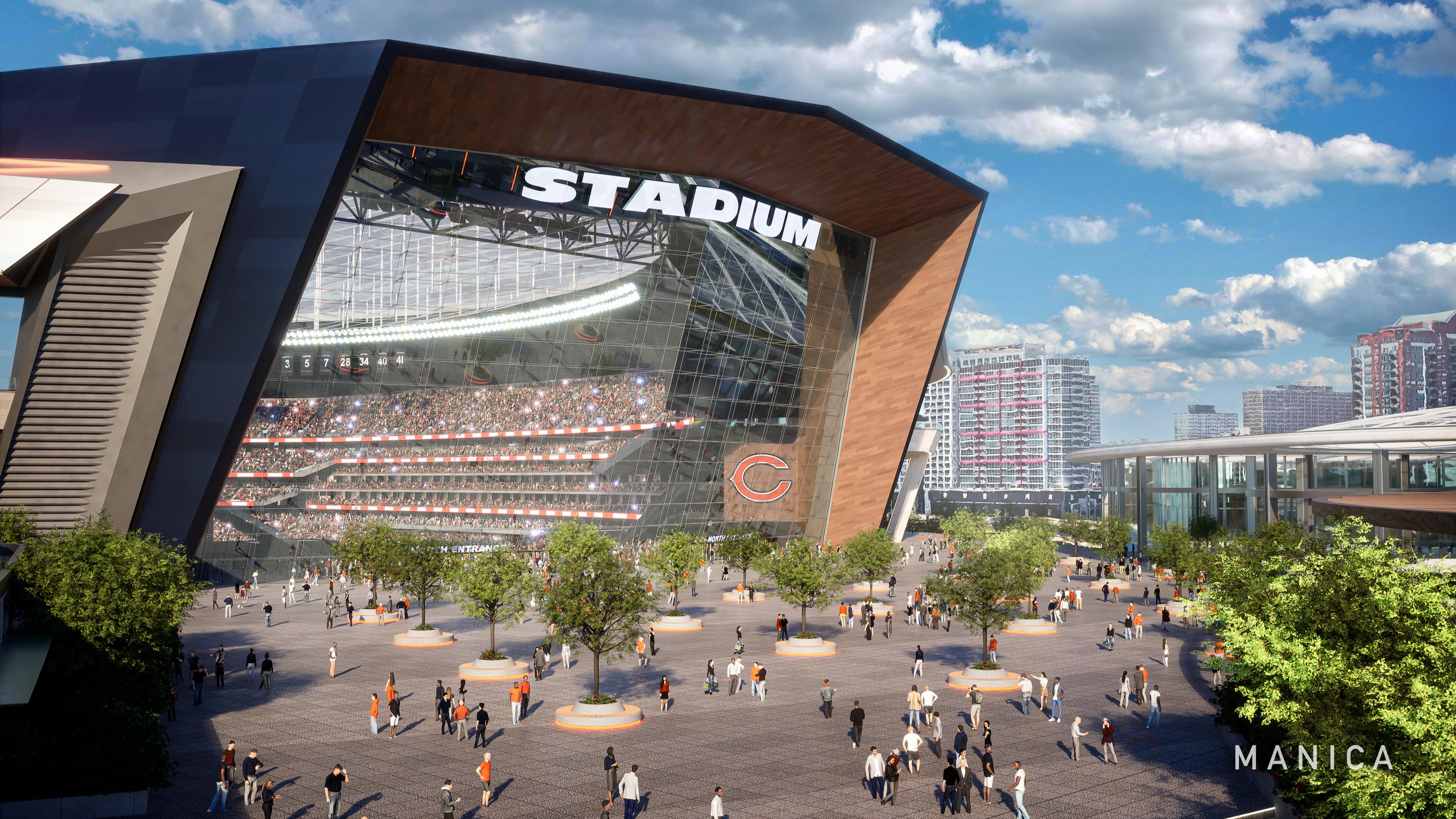 An artist's rendering of an enclosed stadium with open space...