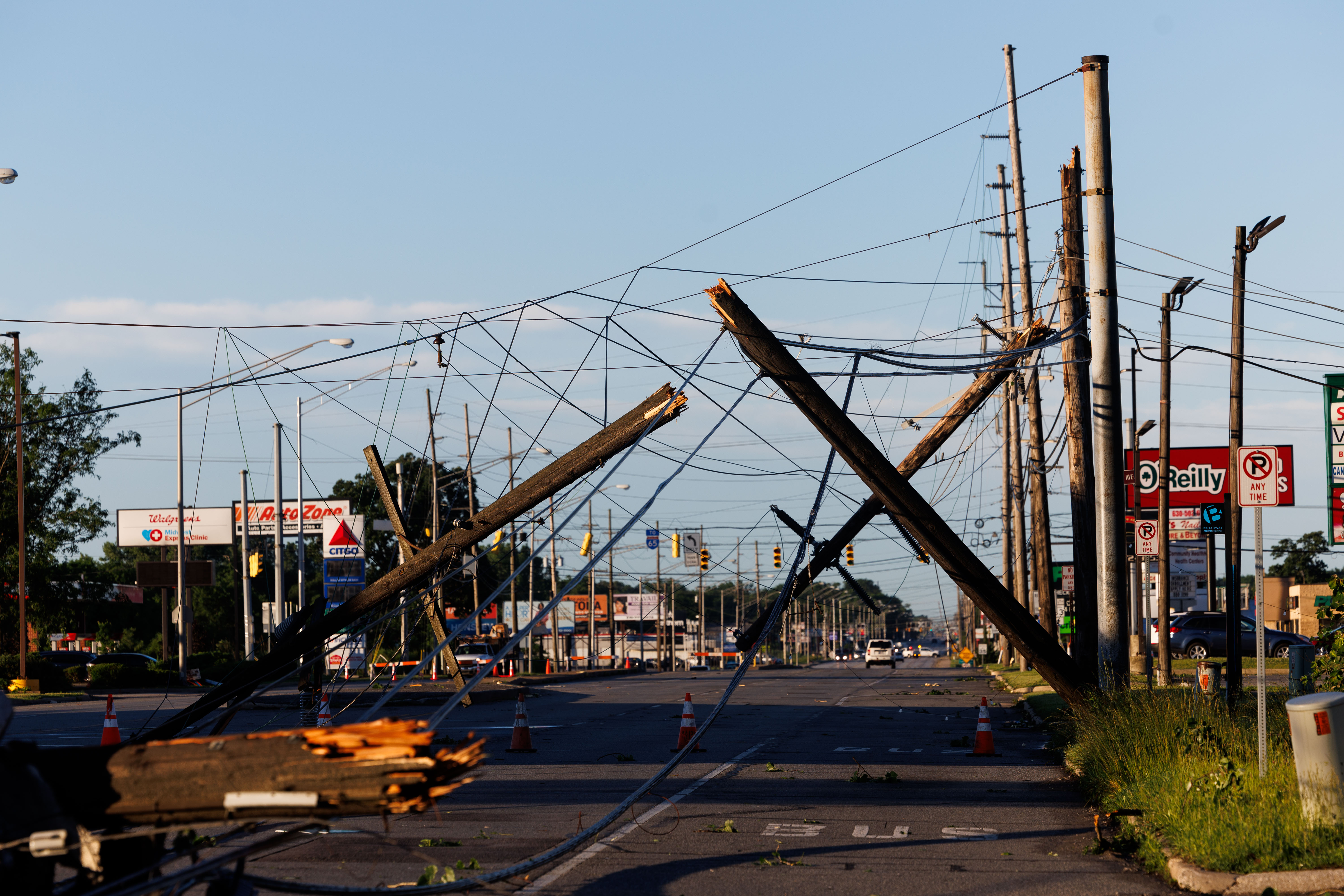 Power lines are down on Broadway in MerrillvIlle, Indiana, June 12, 2026, after a tornado passed through the area the previous day. (Armando L. Sanchez/Chicago Tribune)