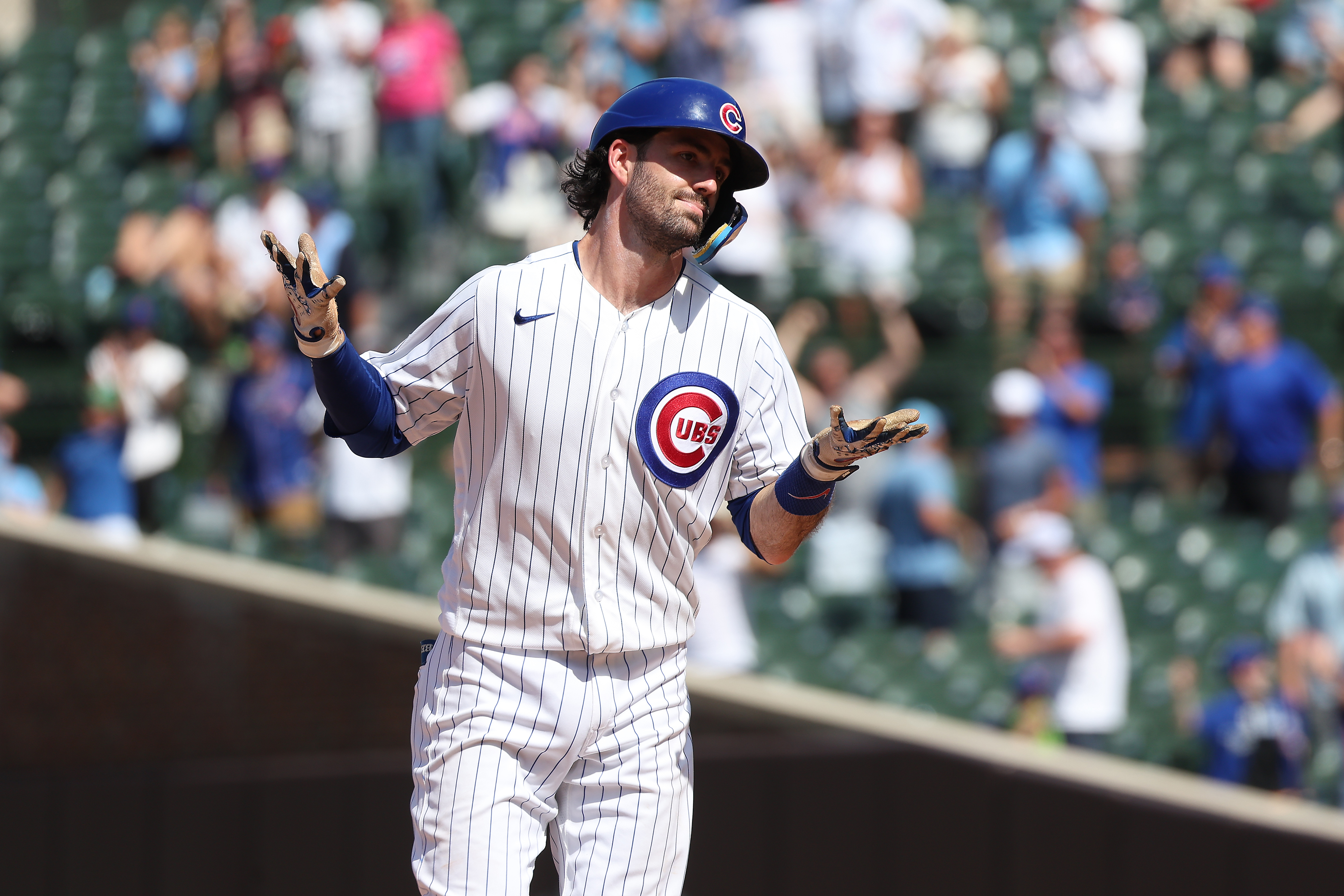 Cubs shortstop Dansby Swanson reacts after hitting a grand slam home run in the eighth inning against the Padres at Wrigley Field on July 1, 2026. (Terrence Antonio James/Chicago Tribune)
