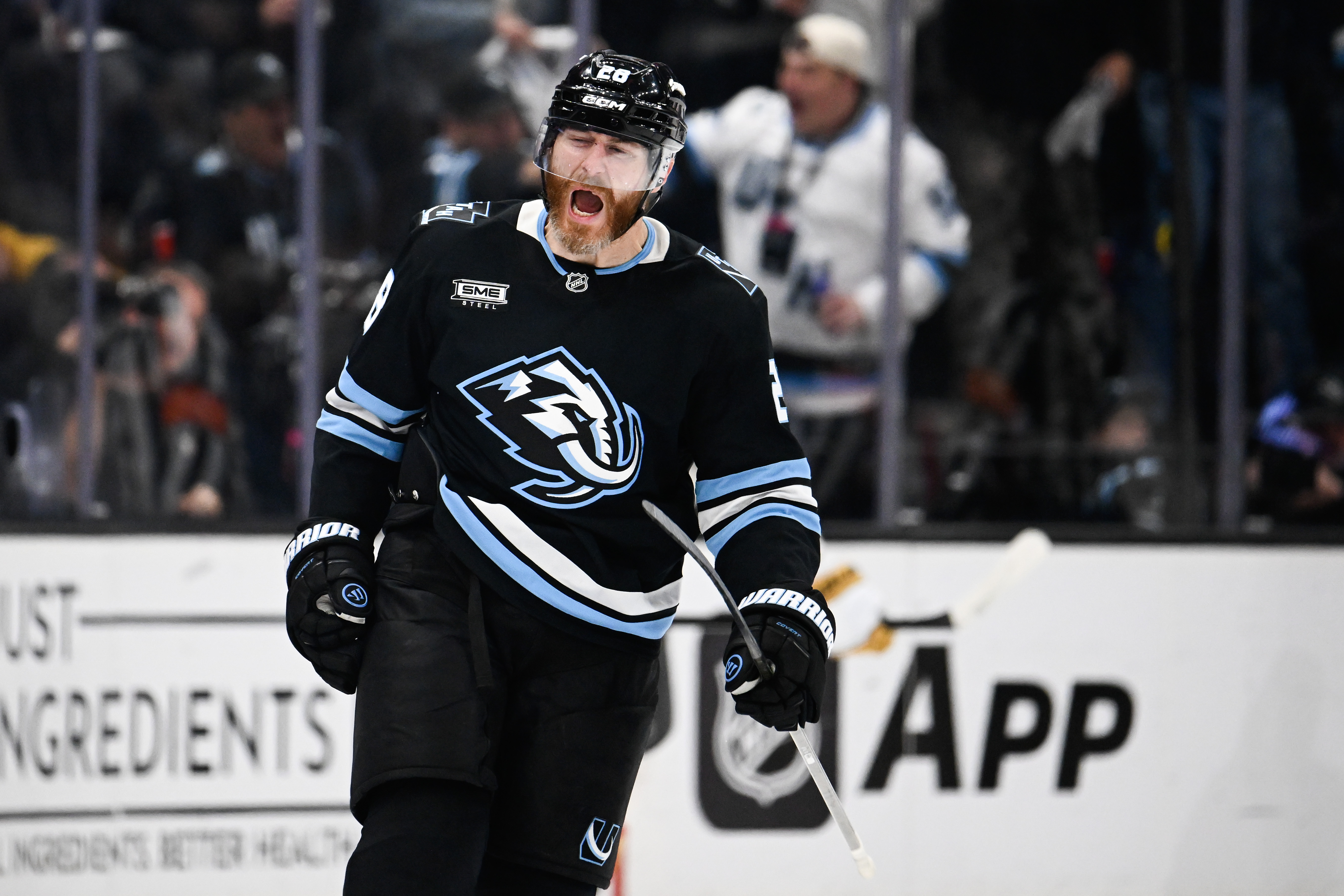 Mammoth defenseman Ian Cole celebrates his goal during Game 4 of a first-round playoff series against the Golden Knights on April 27, 2026, in Salt Lake City. (Alex Goodlett/Getty)