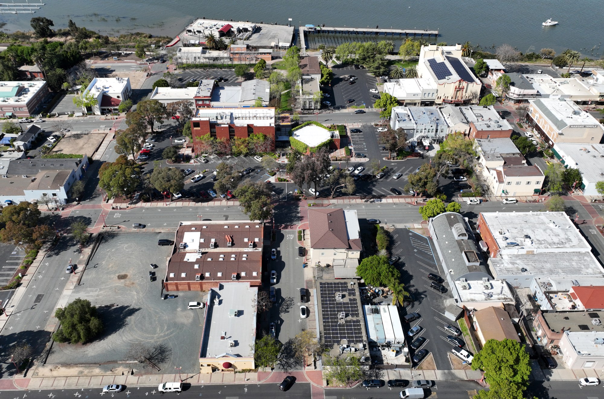An aerial view of Antioch City Hall, left center, in downtown Antioch, Calif., on Thursday, April 3, 2025. (Jane Tyska/Bay Area News Group)
