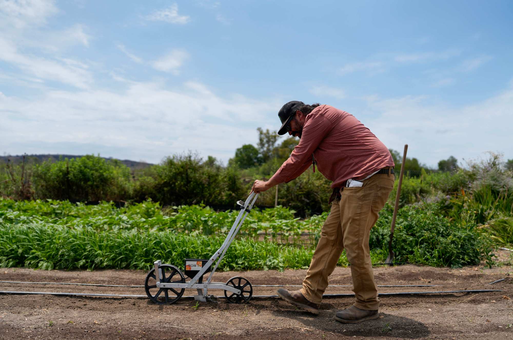 Erik Rodriguez 45, with Pixca Farms planting some seeds at the Tijuana River Valley Regional Park Community Garden in Tijuana River Valley on 07.17.25, in San Diego, California. (Alejandro Tamayo / The San Diego Union-Tribune)
