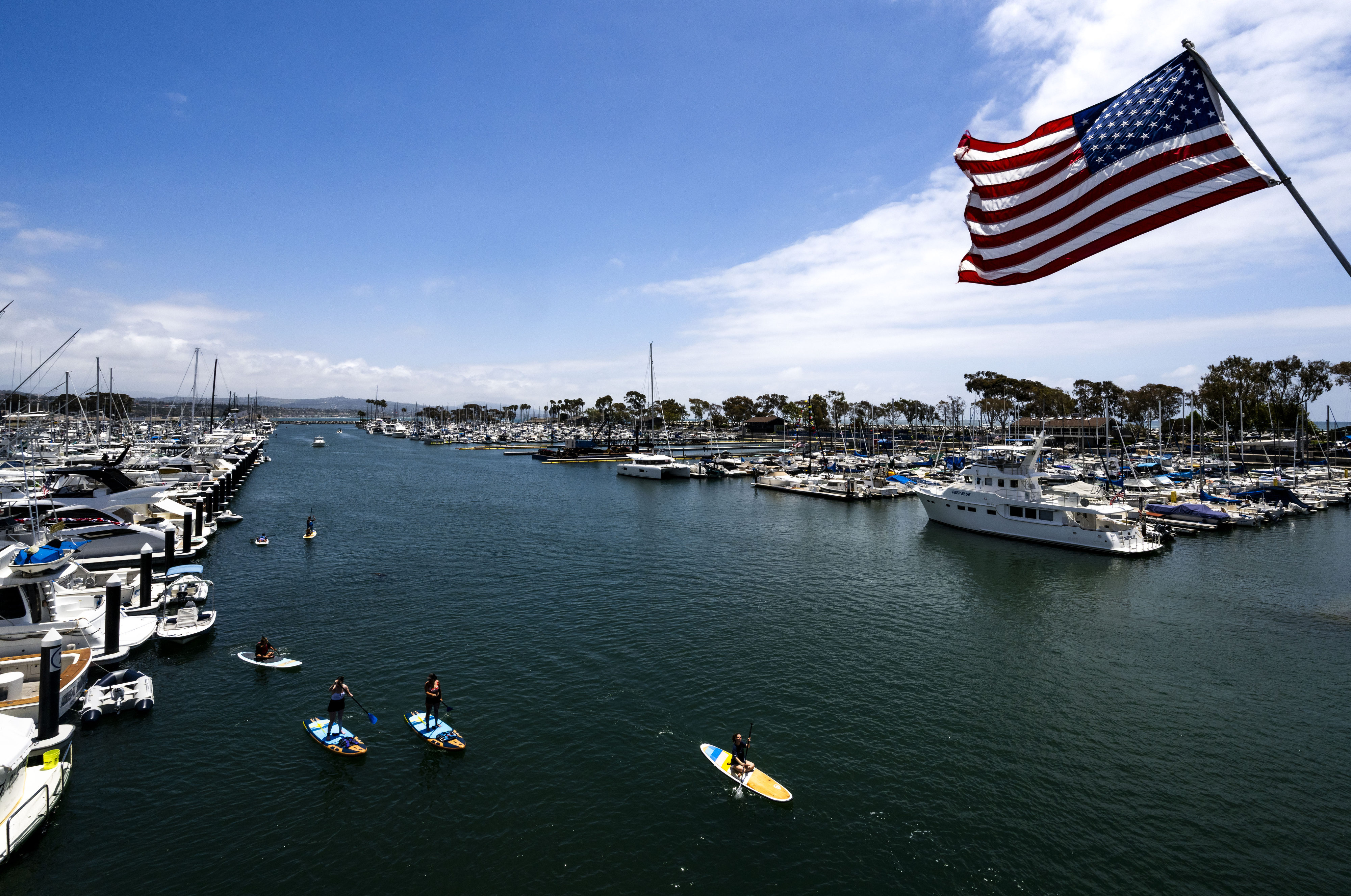 Paddleboarders make their way around the harbor in Dana Point on Wednesday, July 1, 2026. Forecasters are calling for morning clouds and afternoon sunshine over the July 4th holiday. (Photo by Paul Bersebach, Orange County Register/SCNG)
