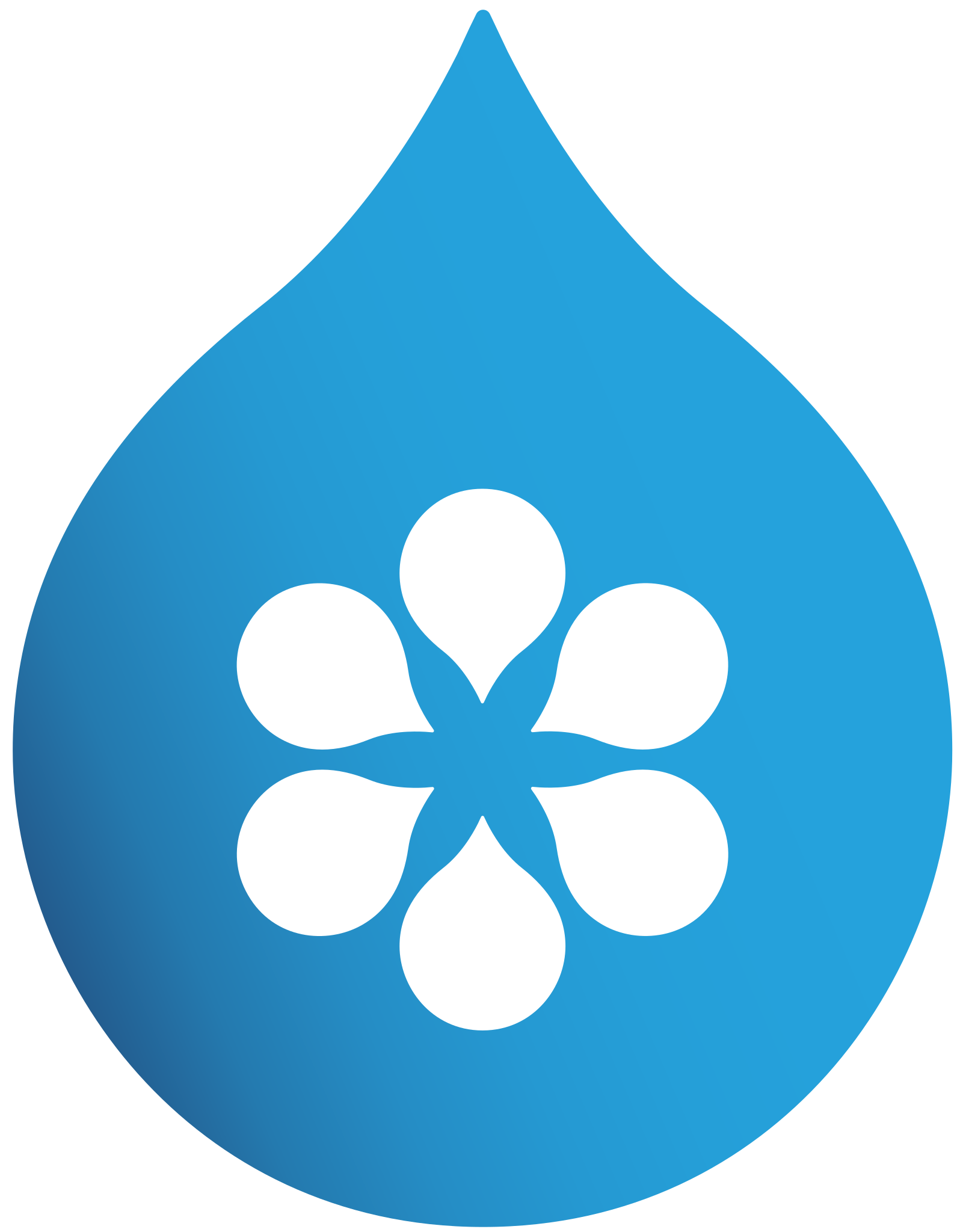 Blue droplet shape with a white, symmetrical flower-like design in the center, composed of smaller droplet shapes.