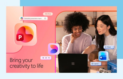 Dvi besišypsančios, ryškių programėlių piktogramų ir iššokančių langų apsuptos, nešiojamuoju kompiuteriu dirbančios moterys. Matomas tekstas: „Įgyvendinkite savo kūrybines idėjas.“