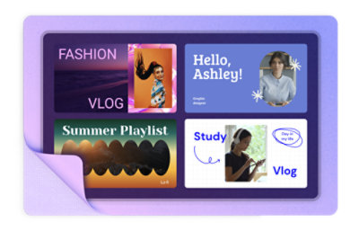 四張縮圖的拼貼畫，標題為「FASHION VLOG」、," 「Hello, Ashley!」、," 「Summer Playlist」," 和「Study Vlog」。