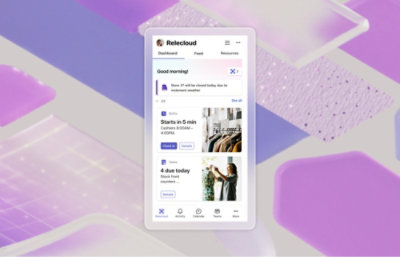 Мобилен телефон, показващ лилава и бяла мрежа с текст Relecloud - Sata in 5 min.