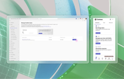 Телефон и таблет с екран, показващ центъра за администриране на приложението Teams.