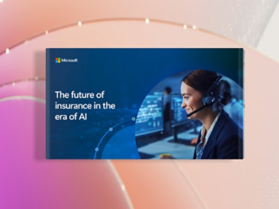 A presentation slide with the Microsoft logo and the text “The future of insurance in the era of AI” on a blue background, shown on a colorful abstract backdrop.