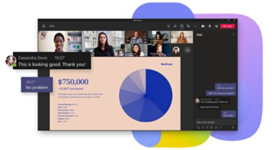 פגישה של Teams שבה מוגשת מצגת והודעות מוקפצות מעל לחלונית הפגישה.