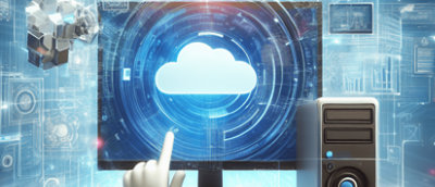 Arvuti koos ekraanile osutava käega.