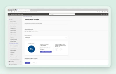 מסך מרכז הניהול של Microsoft Teams שמציג הגדרות של תוכנית שיחות משותפת ומספרי טלפון שהוקצו