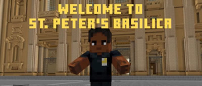 Imagine cu un desen animat care spune „Bun venit la Bazilica SFÂNTUL PETRU”