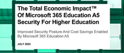 A white sign with black text detailing the economic impact of Microsoft 365 Education A5 for higher education.