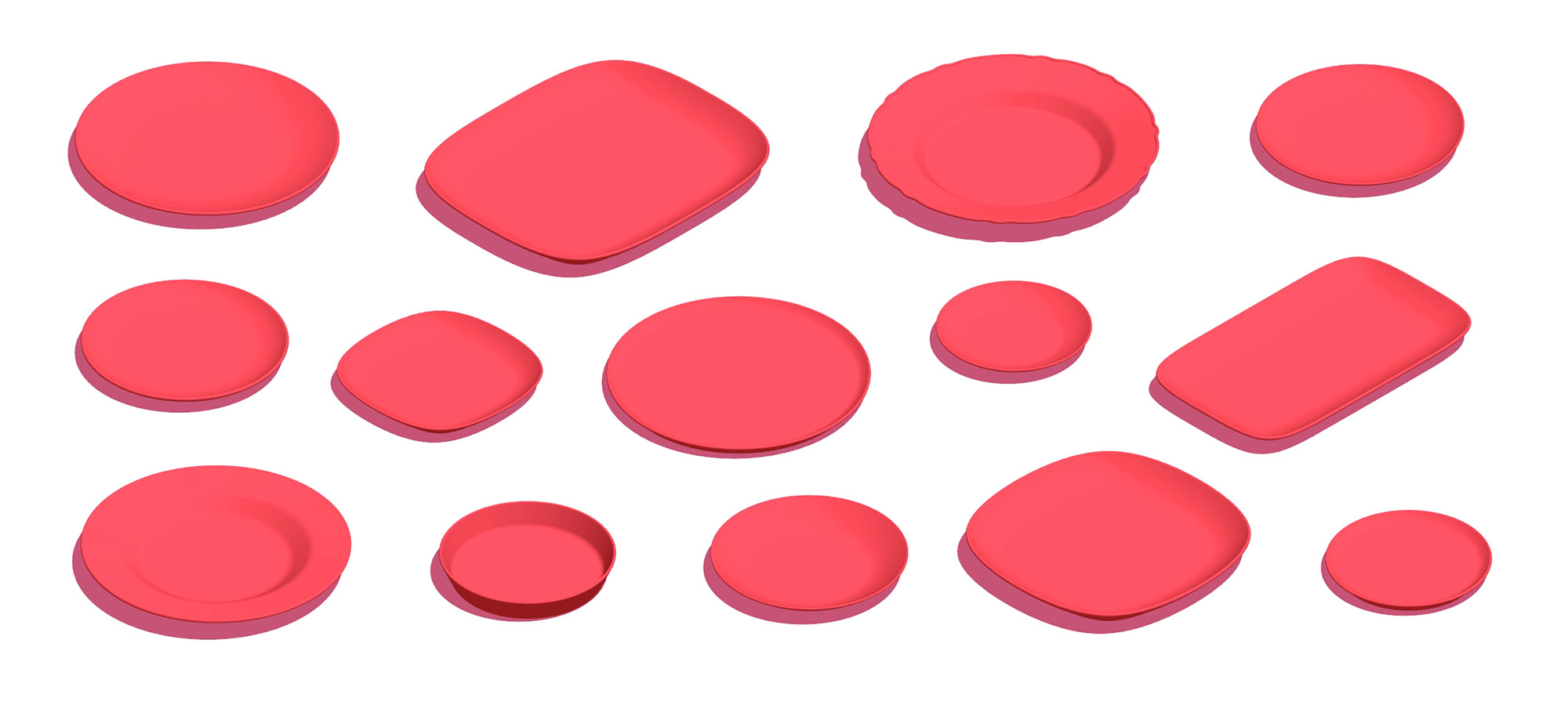 Series of scaled 3D visualizations of various side plates and dinner plates of assorted sizes and designs