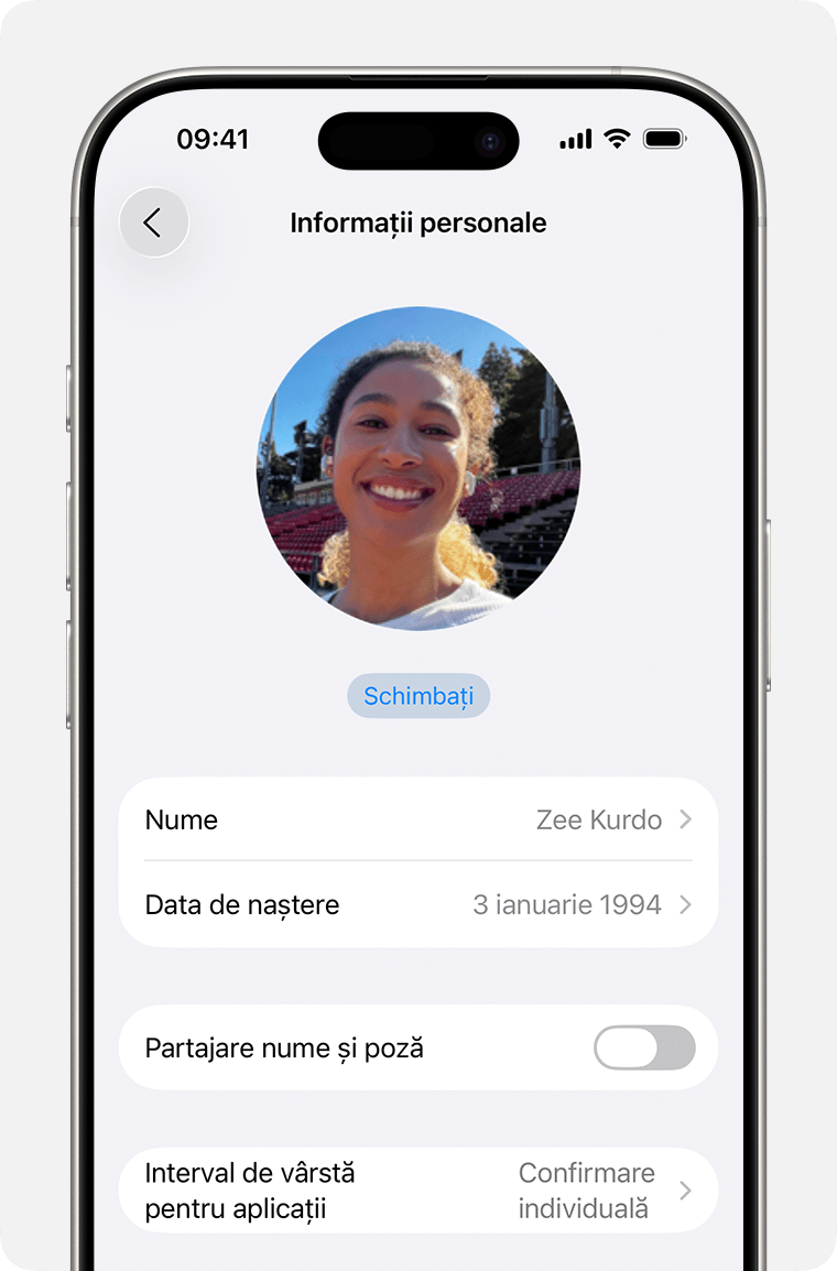 Configurările contului Apple pe iPhone afișând Zi de naștere