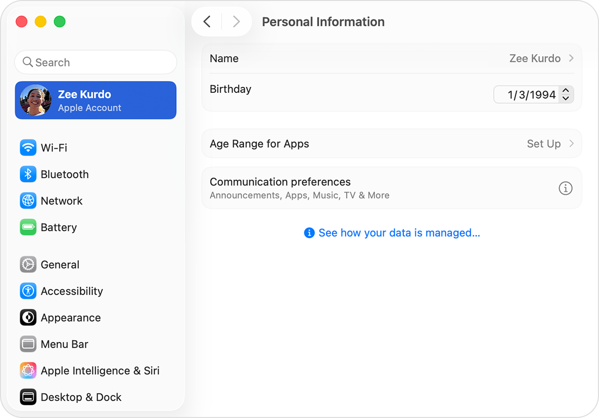 Apple Account settings on Mac showing Birthday