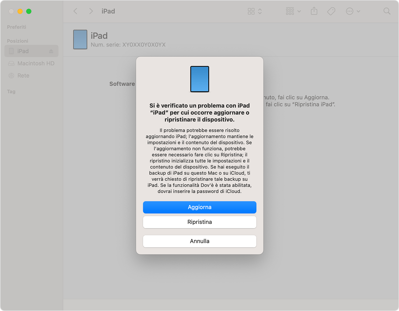 L'opzione di ripristino o aggiornamento quando colleghi l'iPad a un computer con macOS Ventura.
