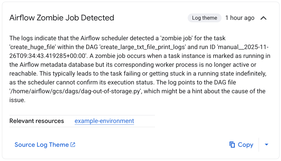 An observation titled Zobmie Job Detected, with details about the relevant findings in the Airflow scheduler logs