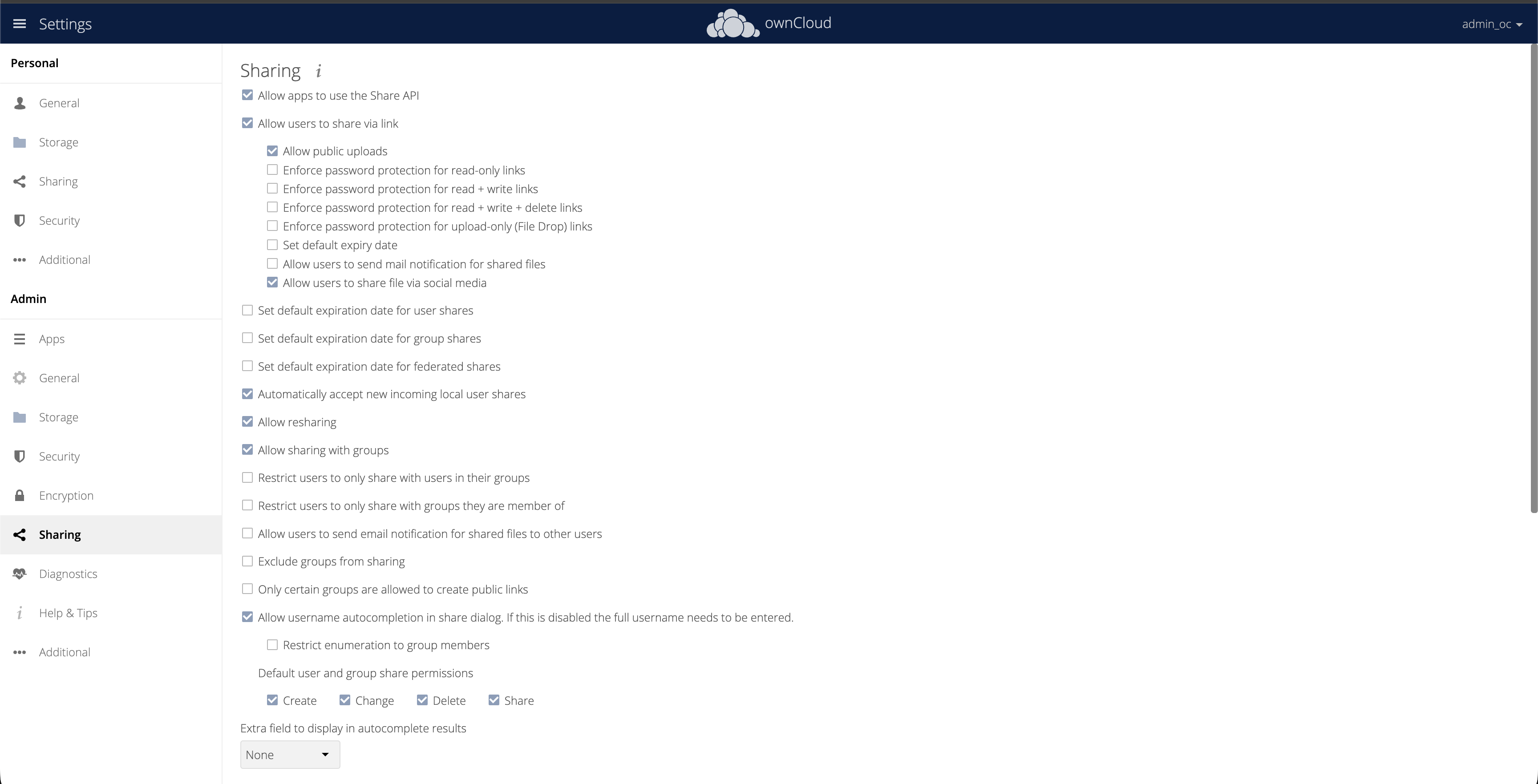 OwnCloud Sharing Settings Admin