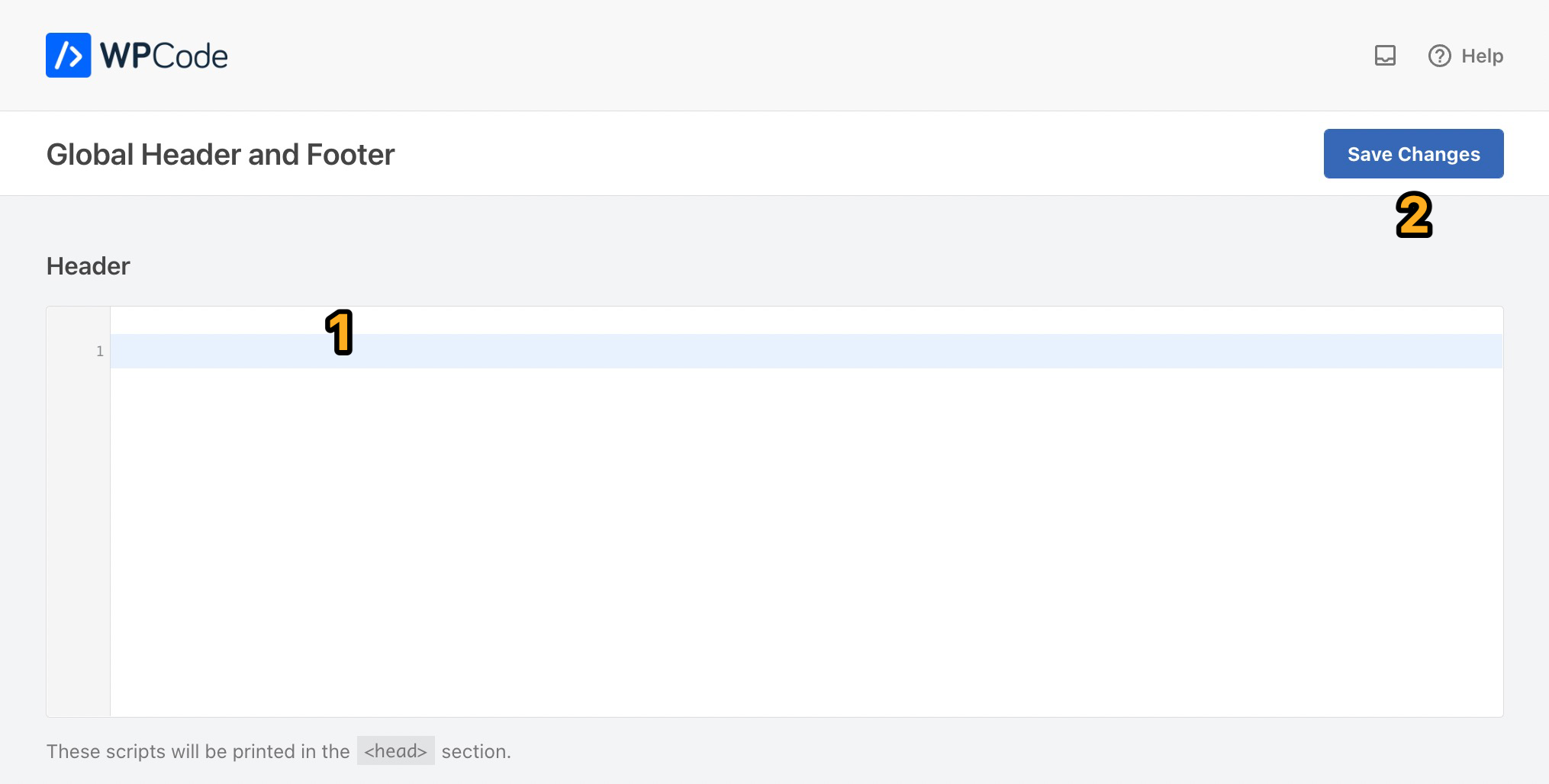 Il plugin WPCode per l'inserimento di intestazioni, piè di pagina e frammenti di codice include alcune sezioni, ma la parte superiore è destinata all'aggiunta di codice all'intestazione. Nella parte inferiore viene visualizzato un messaggio segnalare che gli script verranno riportati nella sezione di intestazione.