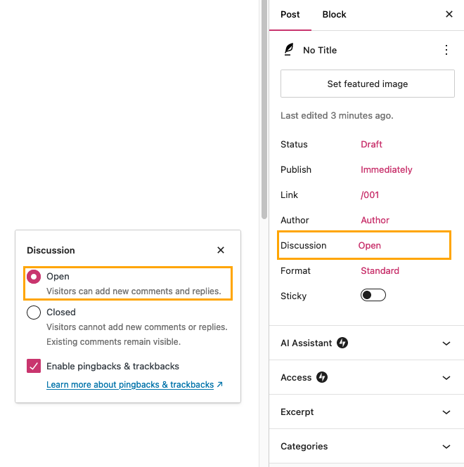 De discussie-instelling is gemarkeerd in de sidebar met berichtinstellingen. De instellingen voor geopend, gesloten en pingbacks worden weergegeven.