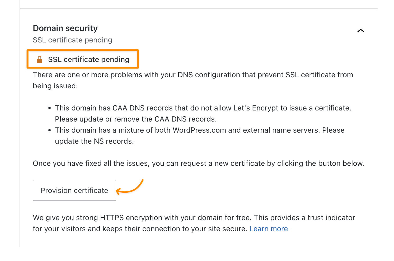 Die umrandete SSL-Nachricht, dass das Zertifikat ausstehend ist, und ein Pfeil, der auf den Button „Zertifikat bereitstellen“ zeigt.