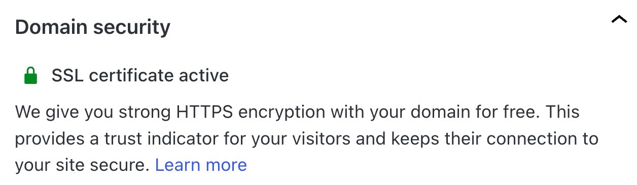 Der Abschnitt „Domain-Sicherheit“ der Domain-Einstellungen, mit der Meldung, dass das SSL-Zertifikat aktiv ist.