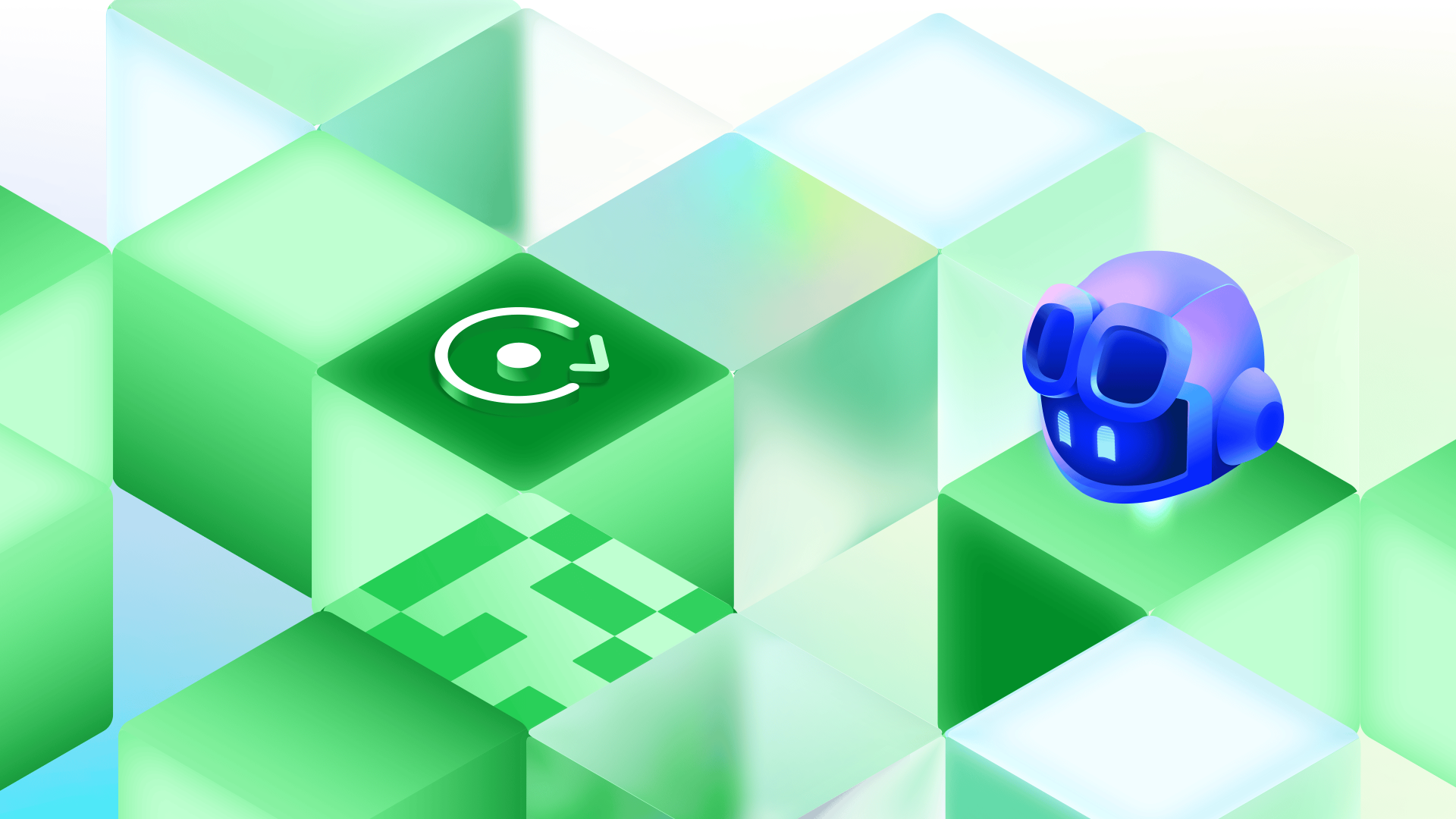 Copilot appears among floating cubes alongside a refresh icon, suggesting an update or automated workflow theme.
