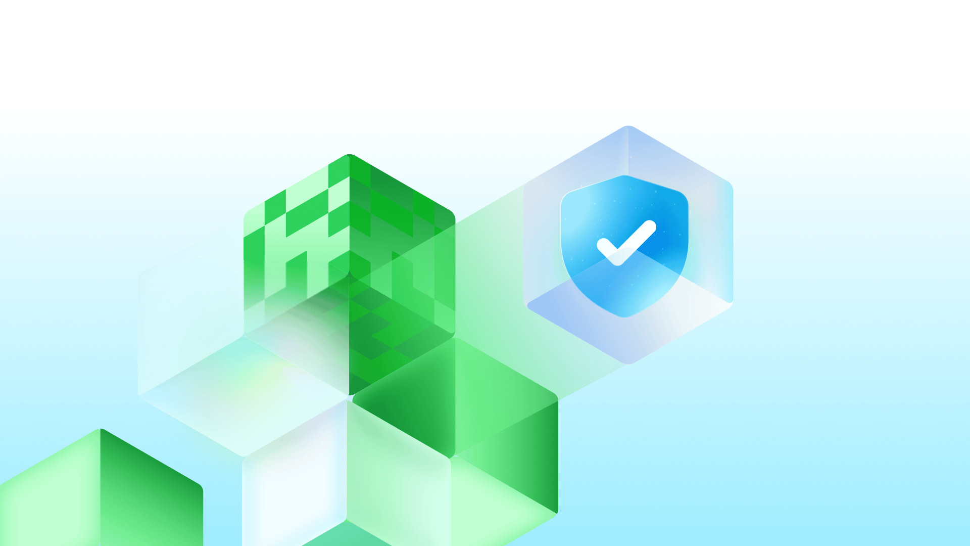 Decorative image featuring geometric blocks with a shield icon displaying a check mark to represent security.