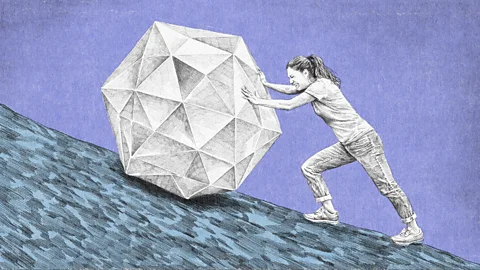 An illustration of a woman struggling to push a sphere made of triangles up a hill (Credit: Emmanuel Lafont)