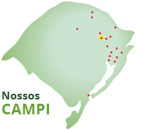 Mapa do Rio Grande do Sul com marca&ccedil;&otilde;es nas cidades onde o IFRS est&aacute; presente.