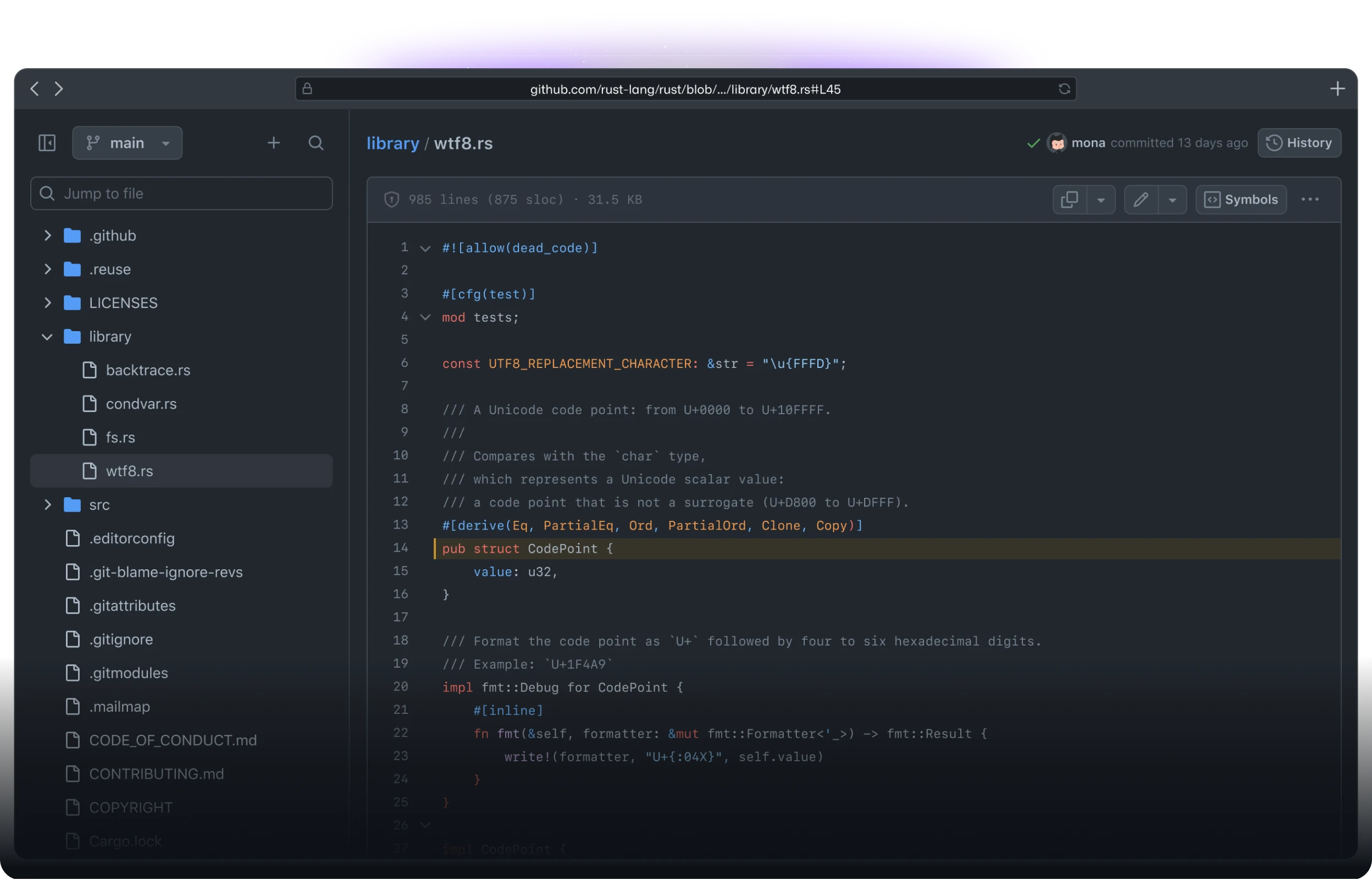 The image shows a computer screen with a code editor in dark mode, displaying a Rust programming language file named "vfmt.rs" from the GitHub repository "github.com/servo/rust-url." The left sidebar lists folders and files, while the main editor displays syntax-highlighted Rust code. Two floating panels on the right provide information about a class named "CodePoint" and search results for "impl CodePoint".