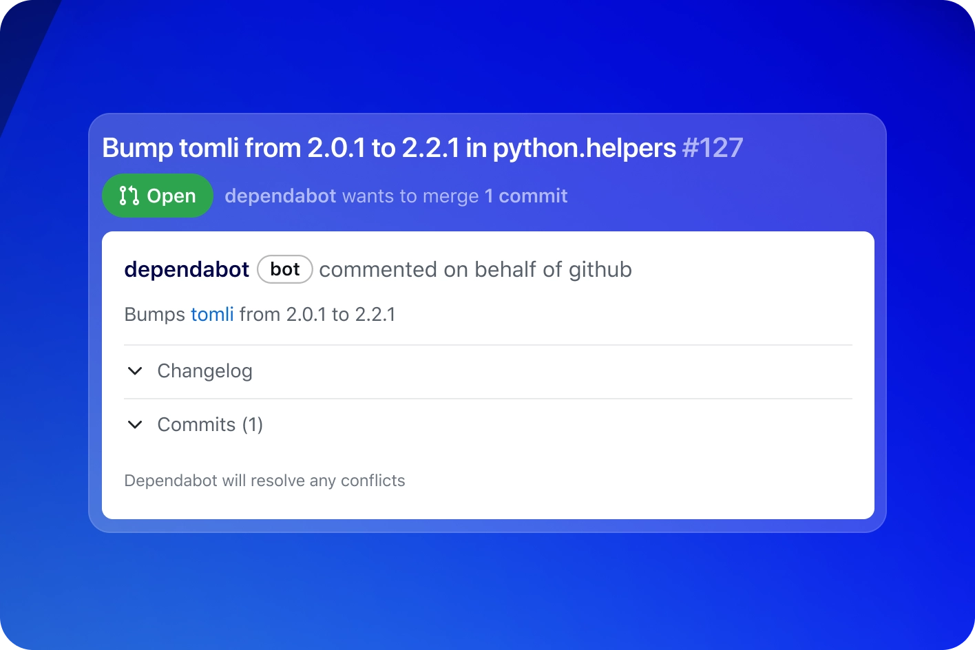 The image shows a GitHub pull request notification from dependabot. The title of the pull request is "Bump tomli from 2.0.1 to 2.2.1 in python.helpers #127". The status of the pull request is "Open" and it indicates that dependabot wants to merge 1 commit. Below, there is a comment from dependabot on behalf of GitHub stating "Bumps tomli from 2.0.1 to 2.2.1". There are expandable sections for "Changelog" and "Commits (1)". A note at the bottom states that Dependabot will resolve any conflicts.