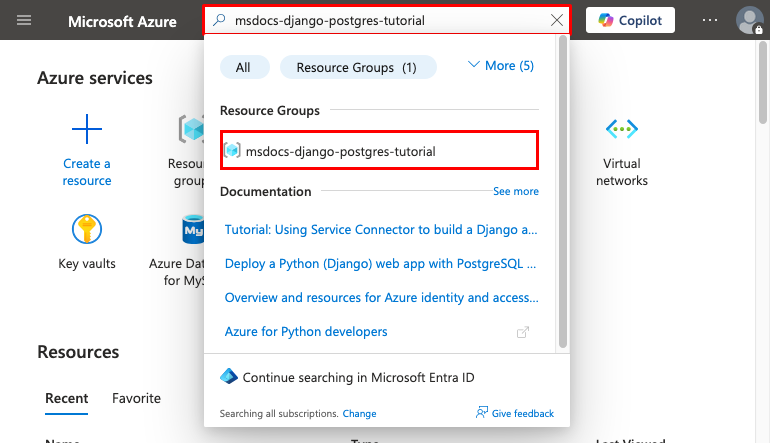 A screenshot showing how to search for and navigate to a resource group in the Azure portal.