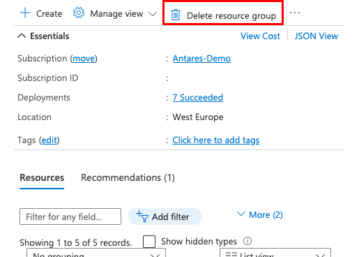 A screenshot showing the location of the Delete Resource Group button in the Azure portal.