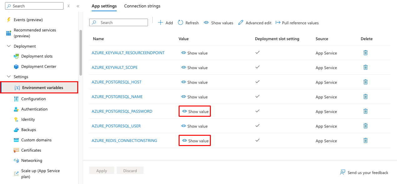A screenshot showing how to see the value of PostgreSQL password in Azure.
