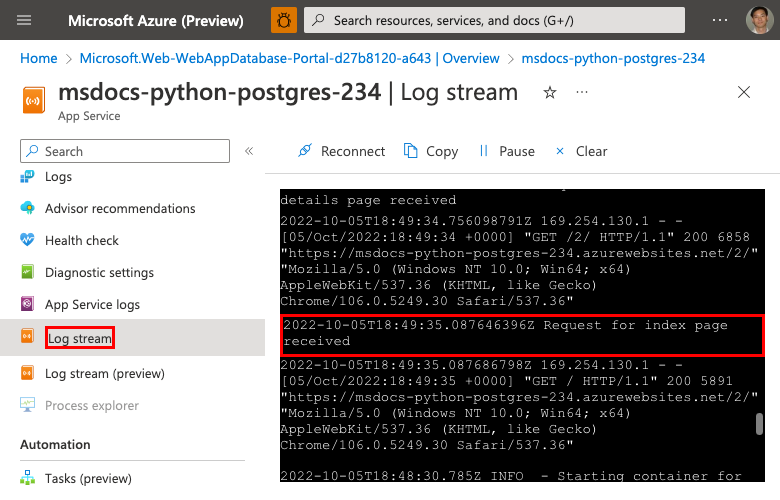 A screenshot showing how to view the log stream in the Azure portal.