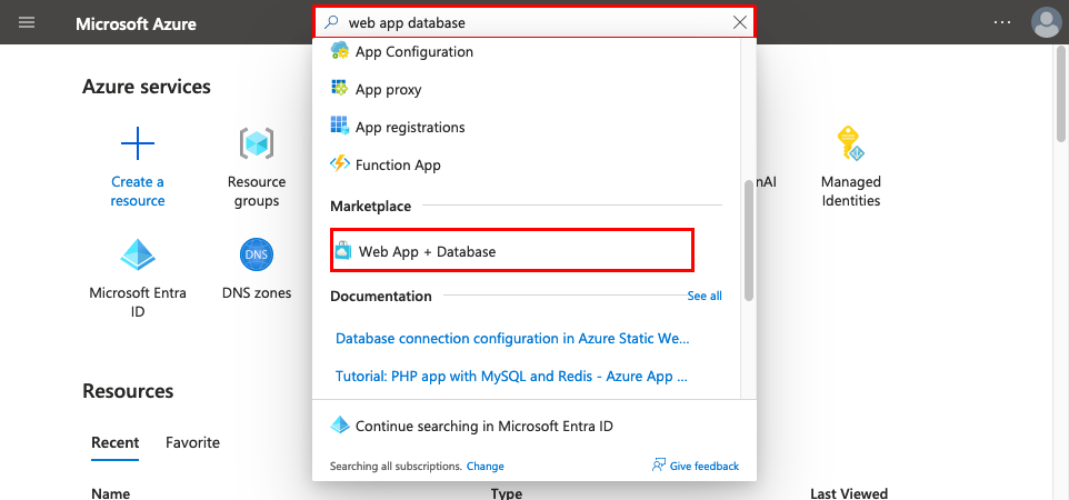 A screenshot showing how to use the search box in the top tool bar to find the Web App + Database creation wizard (FastAPI).