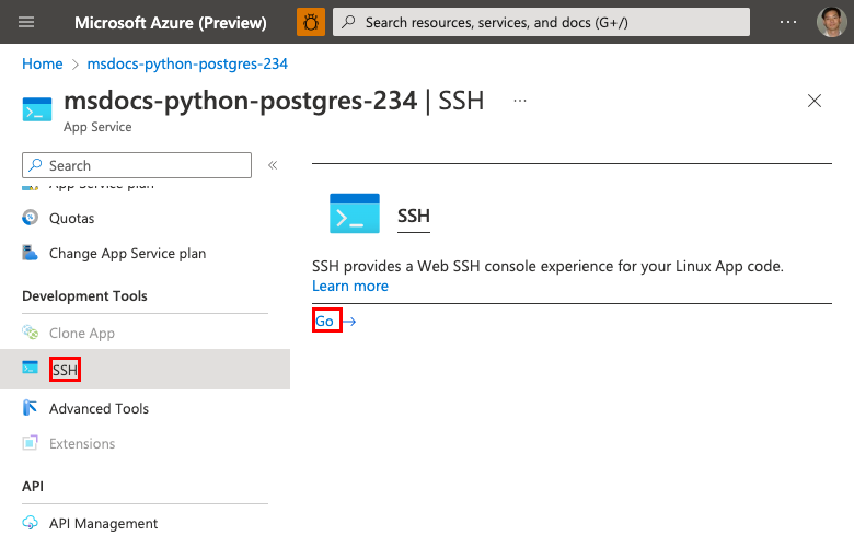 A screenshot showing how to open the SSH shell for your app from the Azure portal (FastAPI).